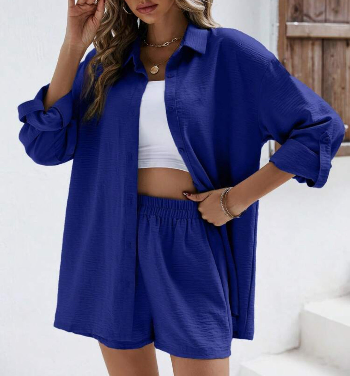 Women's Solid Color Lapel Long Sleeve Shirt Elastic High Waist Fashion Casual Suit