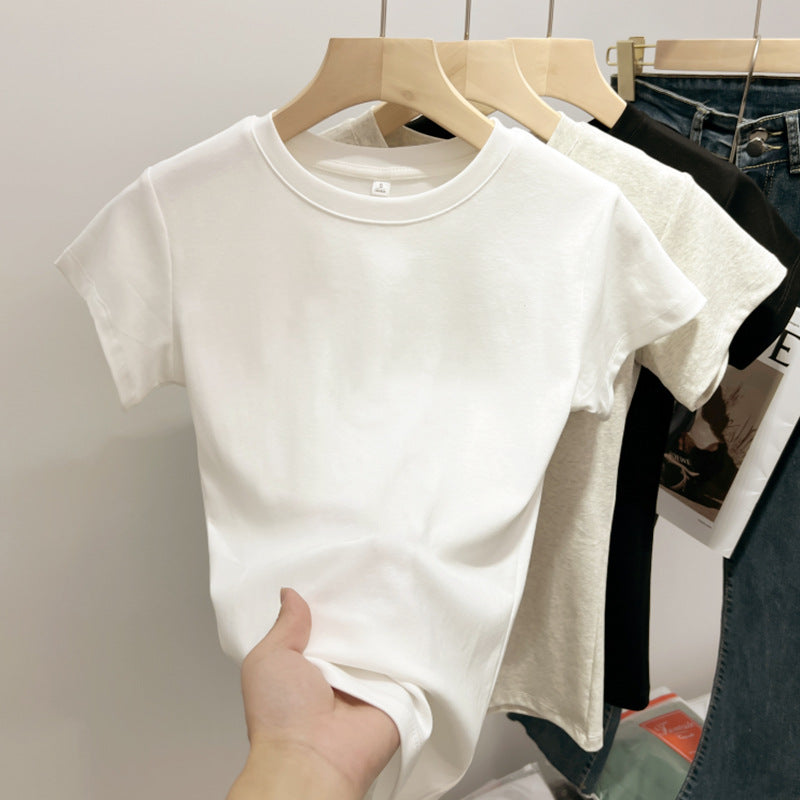 Women's Cotton White Round Neck Shoulder Short-sleeved Tops