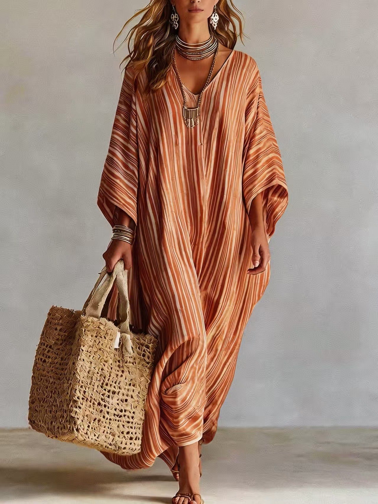 Women's Summer Digital Printed Half Sleeve Kraft Tan Dress