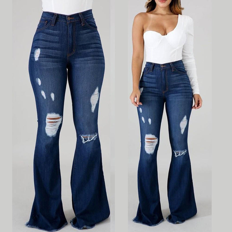 Stylish Stretch Ripped High Waist Flared Women's Jeans