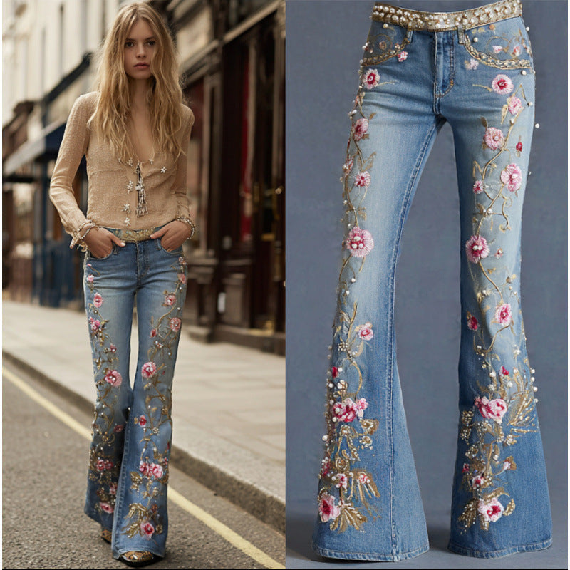 Women's Digital Printing Fashion Slimming Denim Bell-bottom Jumpsuits