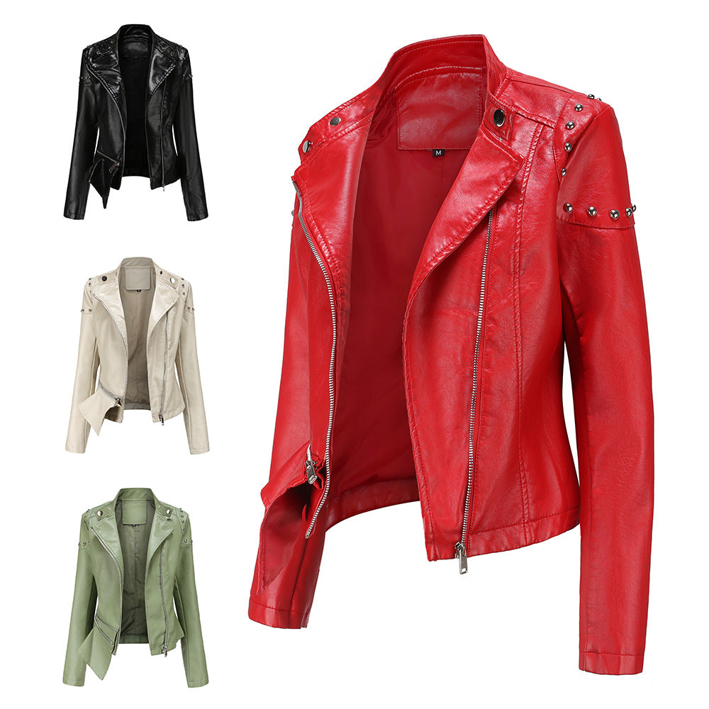 Women's Fashion Leather With Stand Collar Solid Jackets