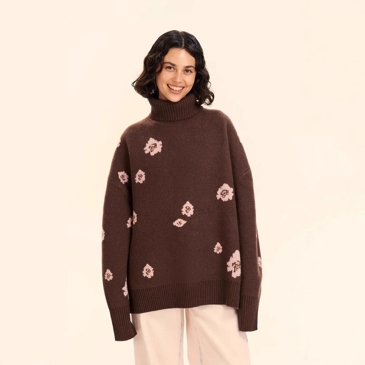Russian Knitted Flower Jacquard Turtleneck Loose Sweaters