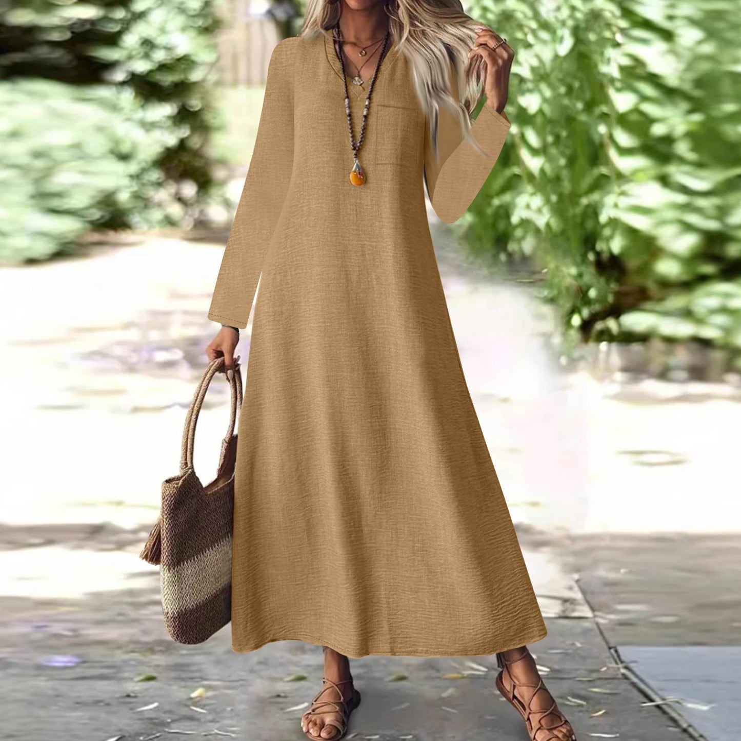 Summer Back Zipper Cotton Linen Solid Color Dress
