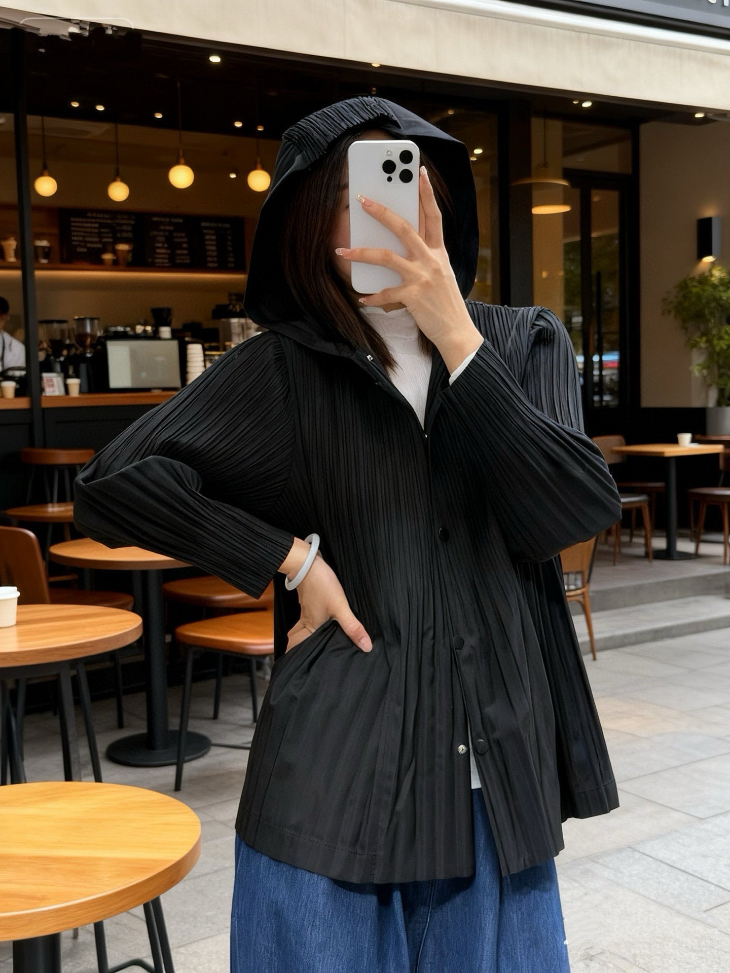 Women's Pleated Trench Fashionable Hooded Button Casual Coats