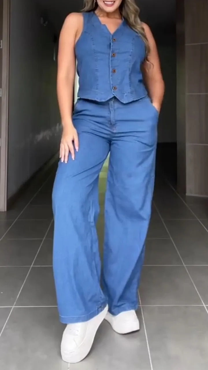 Solid Color Fashion Sleeveless Denim Two-piece Suits