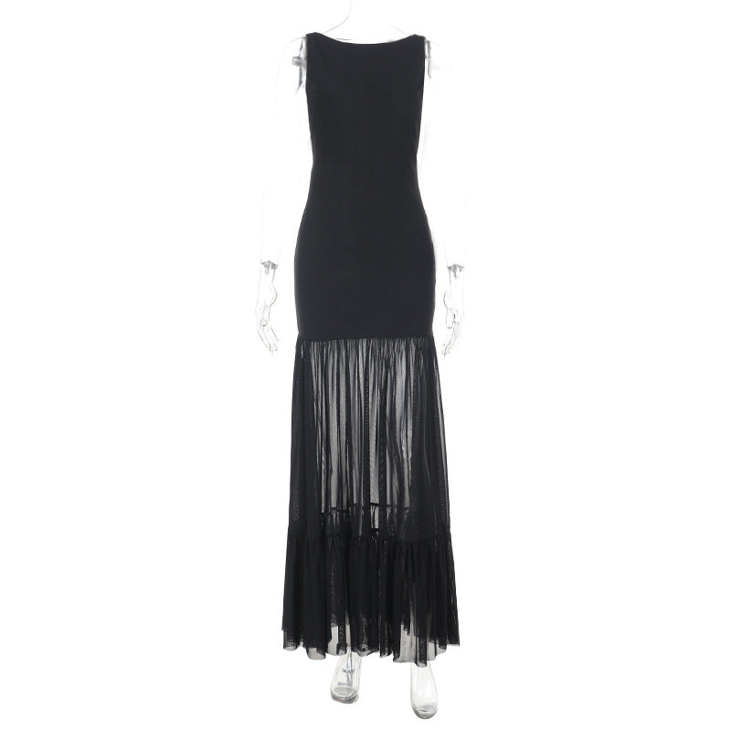 Sleeveless Mesh Stitching Backless Lace Up Dresses