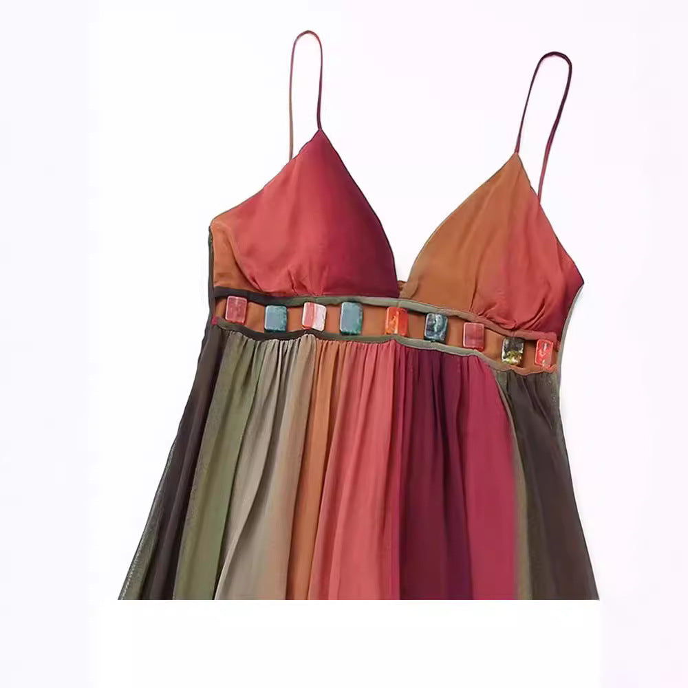 Women's Inlaid Gradient Decoration Midi Suspender Dress Dresses
