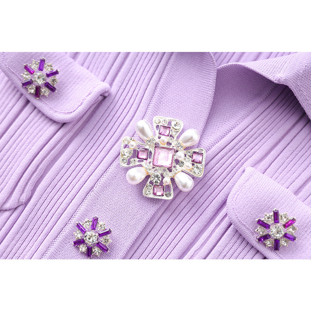 High Quality Purple Collar Drill Buckle Slim Fit Slimming Dresses