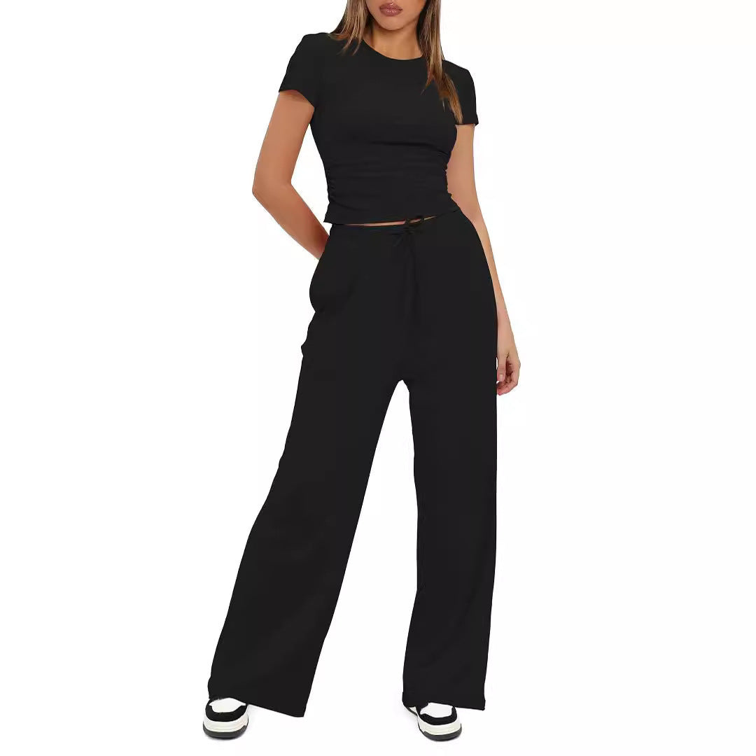 Solid Color Pleated Sleeve High Waist Wide Shorts
