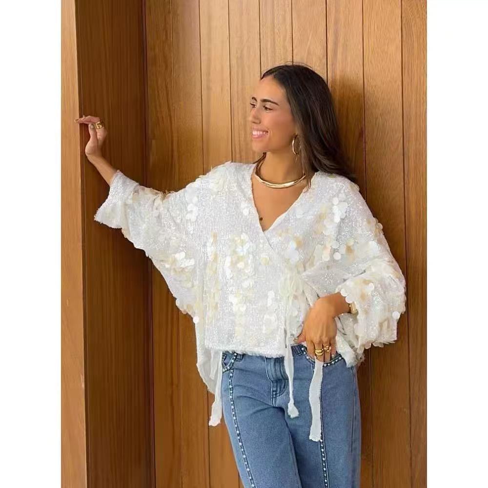 Women's Sequined Long Sleeve Baggy Fashion Blouses