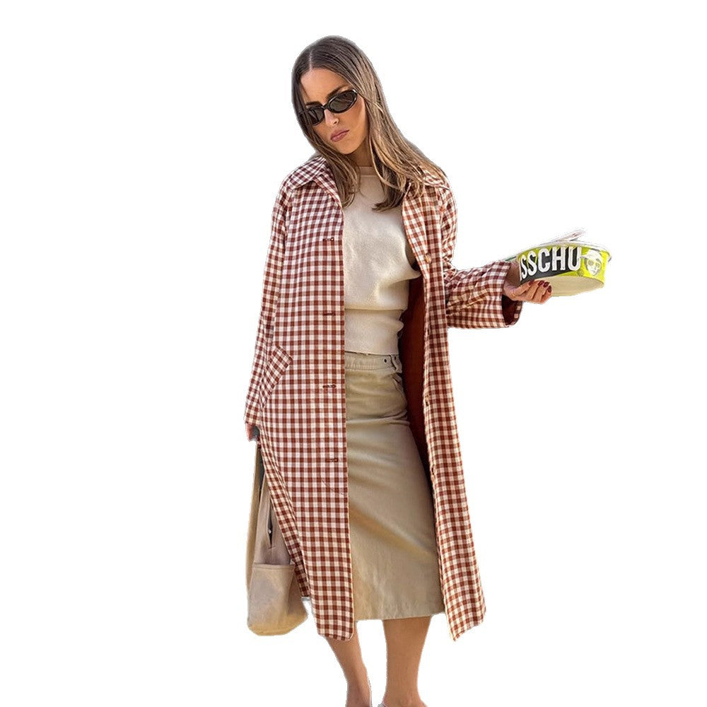 Women's Temperament Elegant Loose Lapel Plaid Long Coats