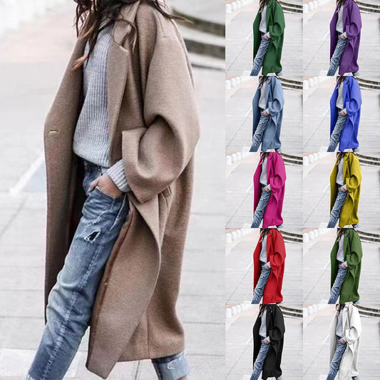 Women's Long Woolen Color Temperament Commute No Belt Lapel Coats