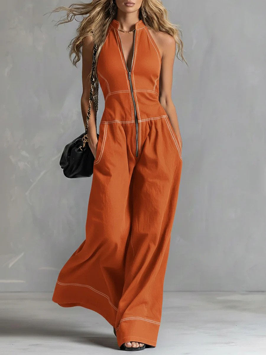 Women's Stand Collar Sleeveless Casual Loose Commuter Women's Jumpsuit/clothing