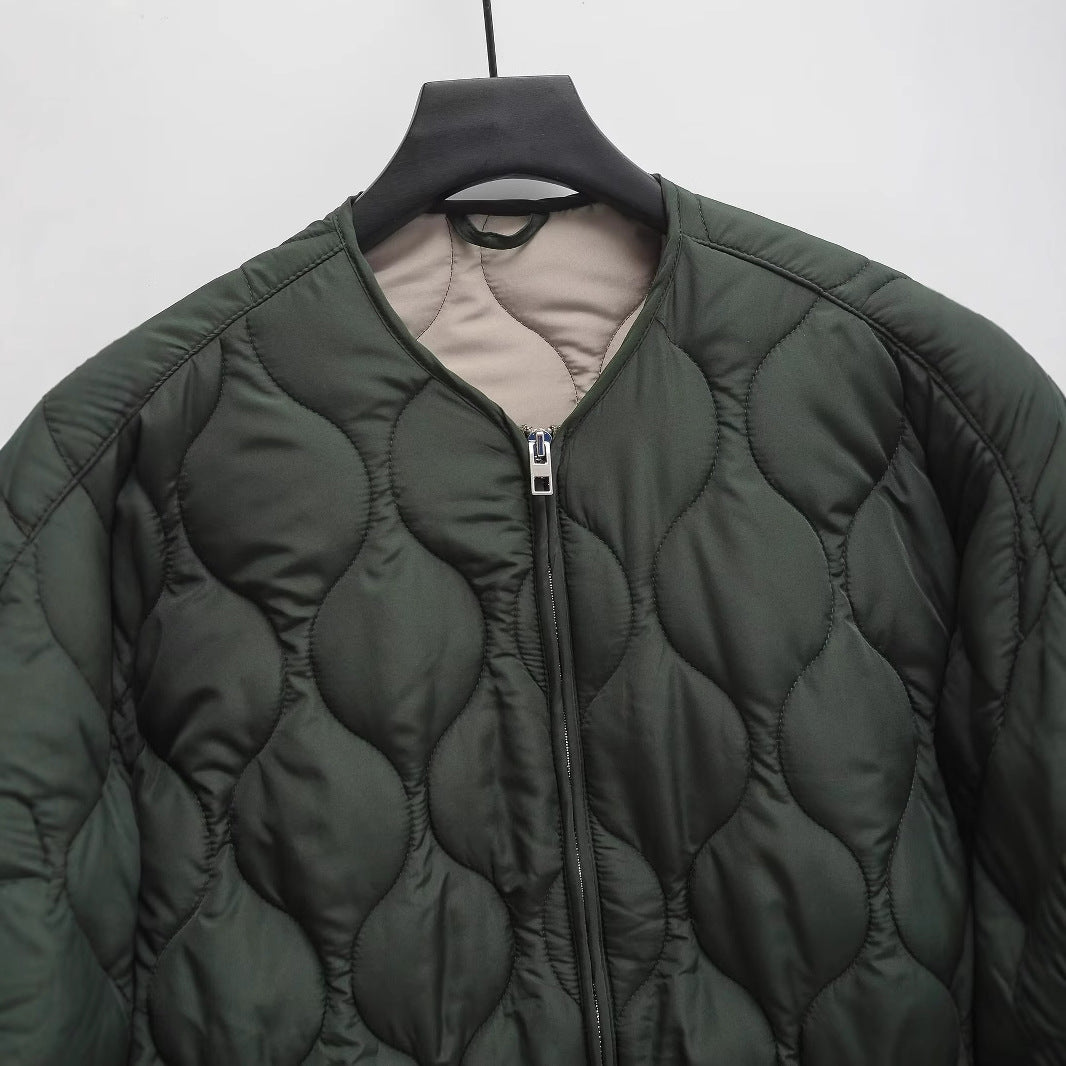 Women's Neck Zipper Diamond Lattice Quilted Large Pocket Jackets