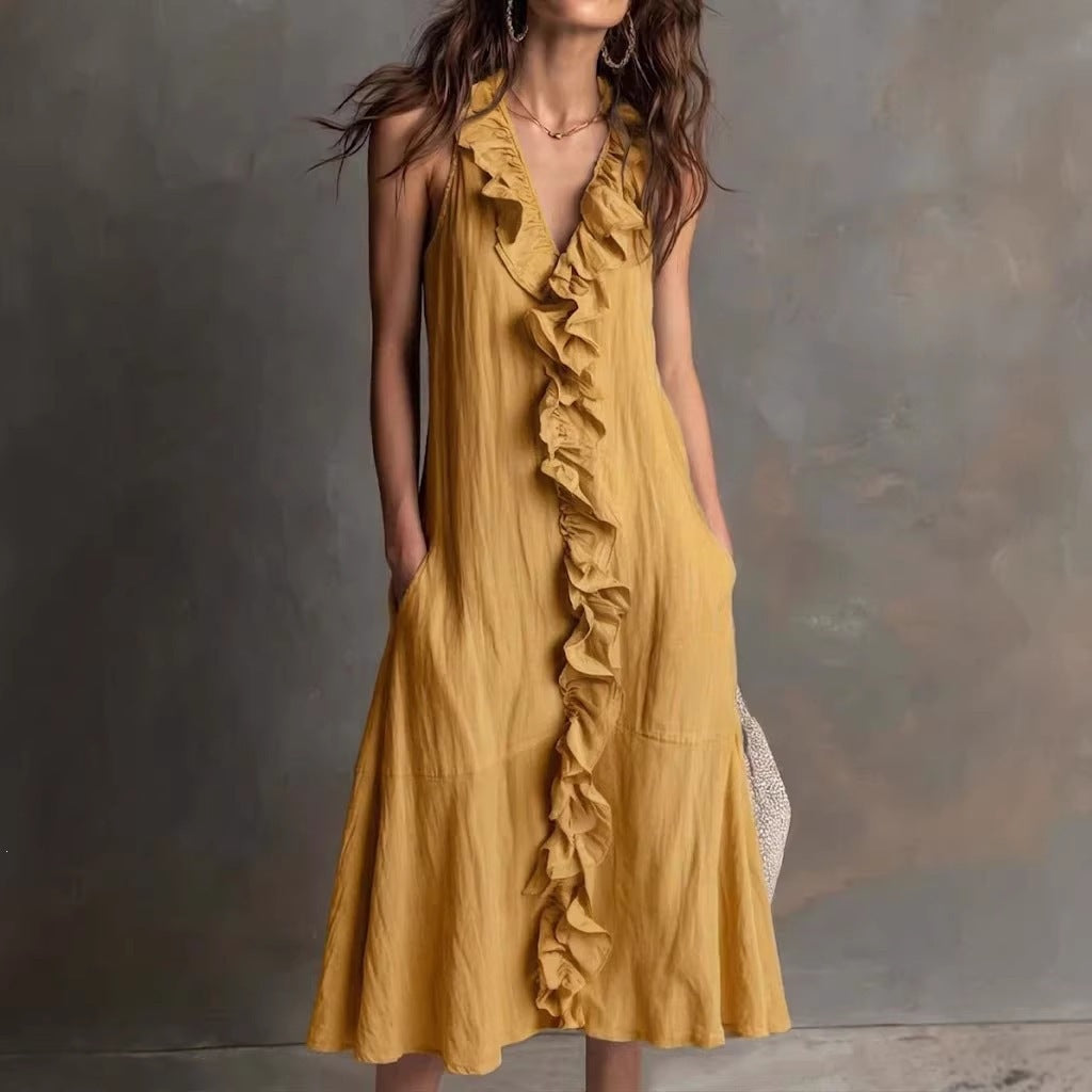 Women's Solid Color Sleeveless Cotton Linen Swing Dress