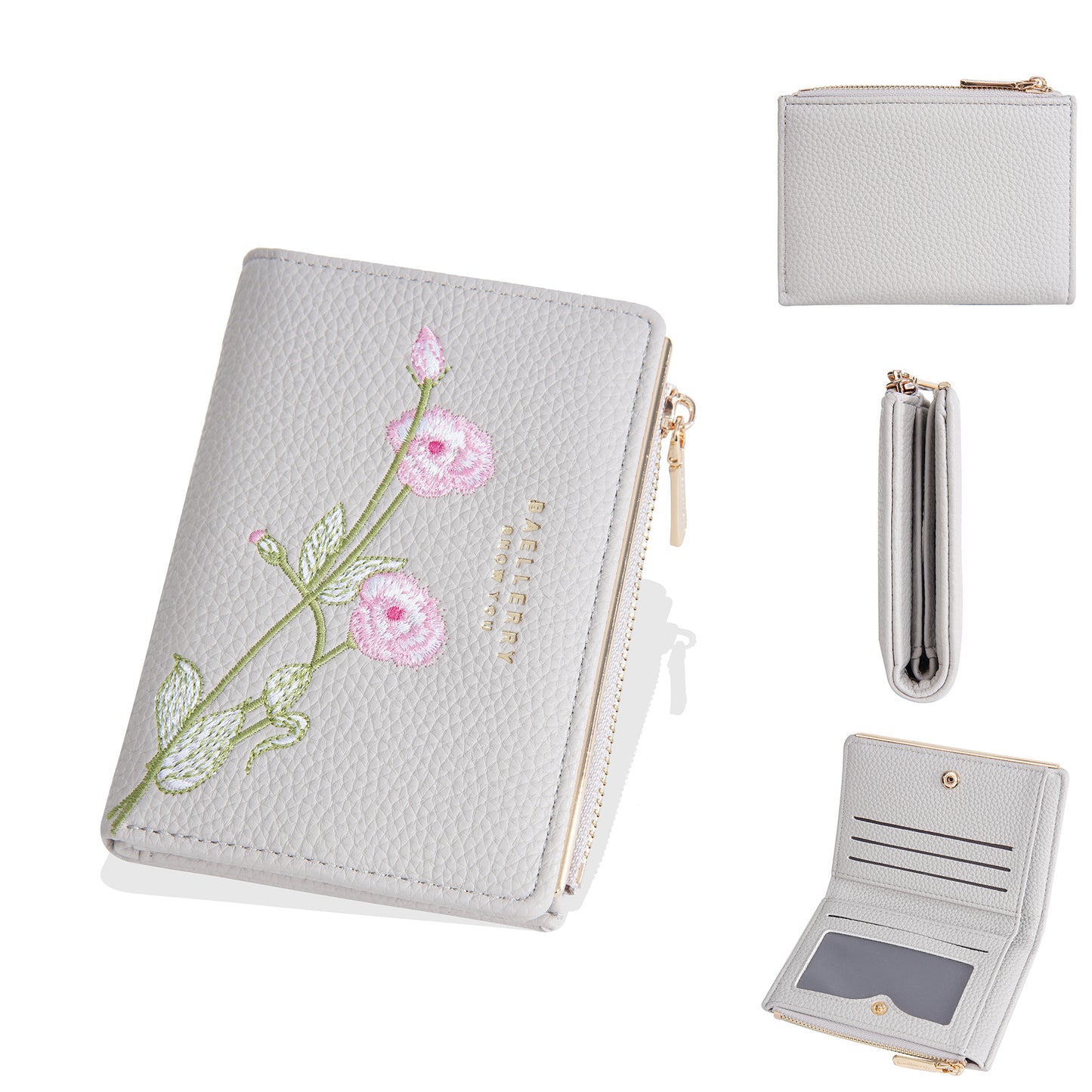Women's Short Fashion Embroidery Litchi Pattern Flower Ladies Wallets