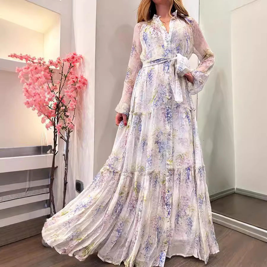 Women's Chiffon Printed Dress Large Swing Belt Dresses