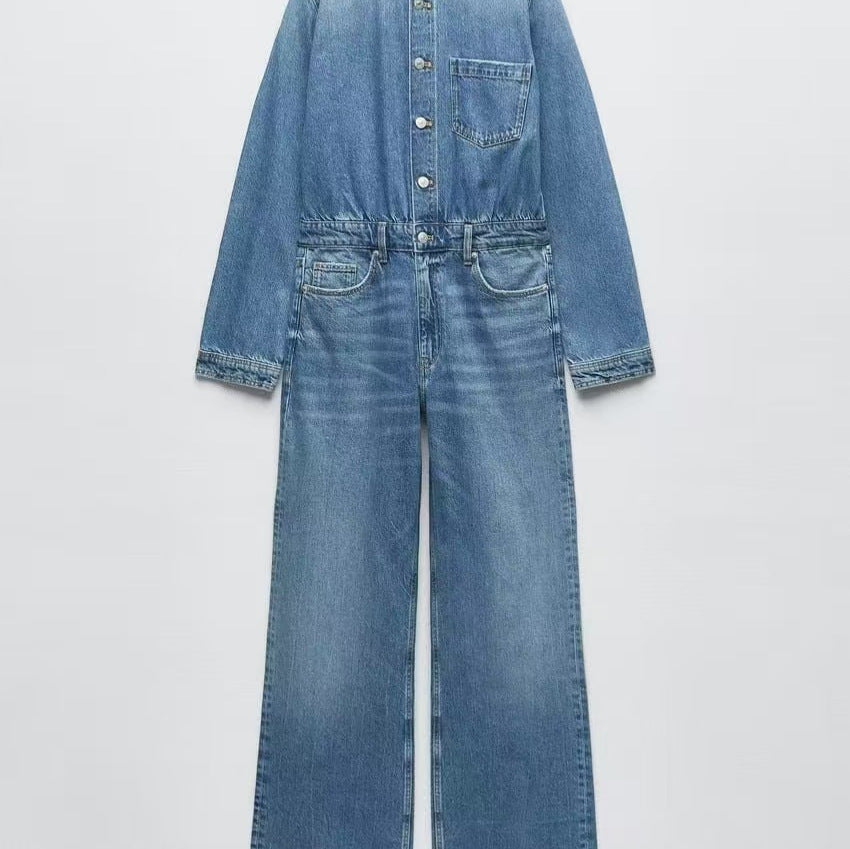 Women's Spring Lapel Fashion Casual Cowboy Siamese Jumpsuits