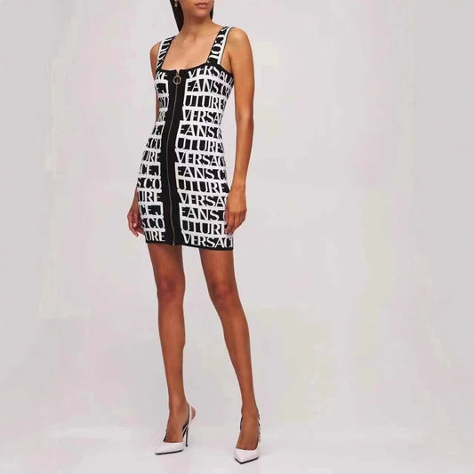 Letter Jacquard Front Metal Zipper Sling Dresses