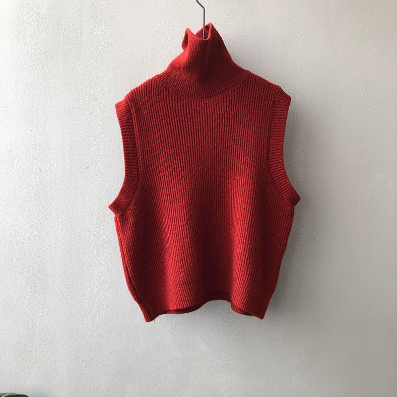 Women's Knitting Waistcoat Turtleneck Solid Color Sleeveless Vests