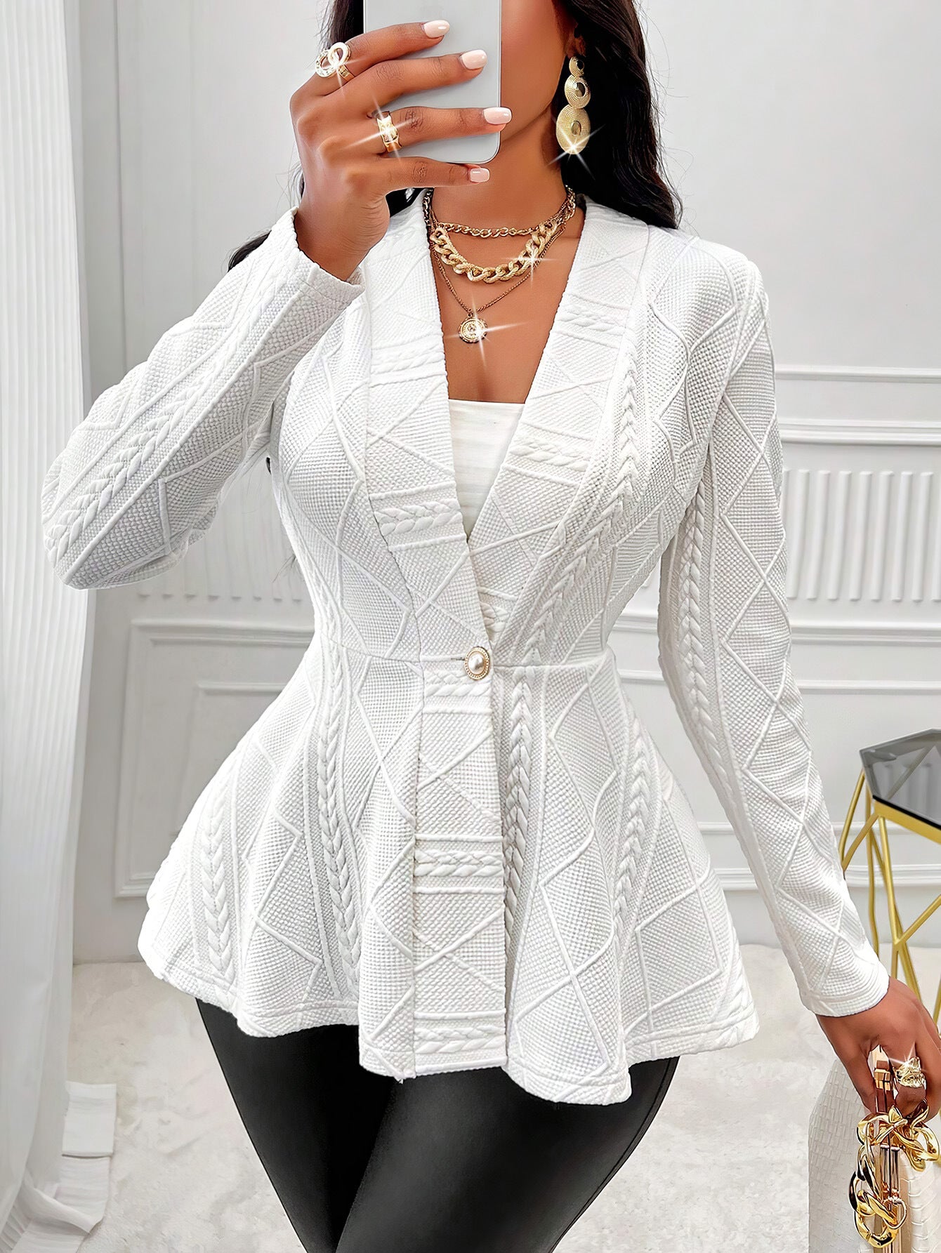 Women's Pure Color Thickened One Button Jacquard Small Suit