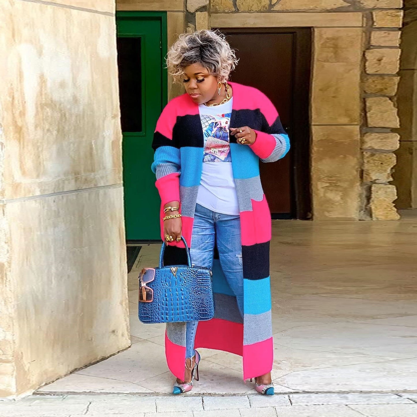 Fashion Bag Long Sleeve Contrast Color Blouses