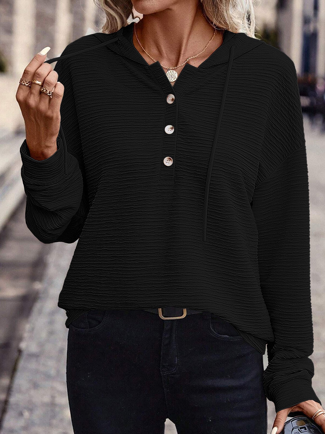 Solid Color Hooded Casual Black Dark Gray Women's Sweater, Sweater