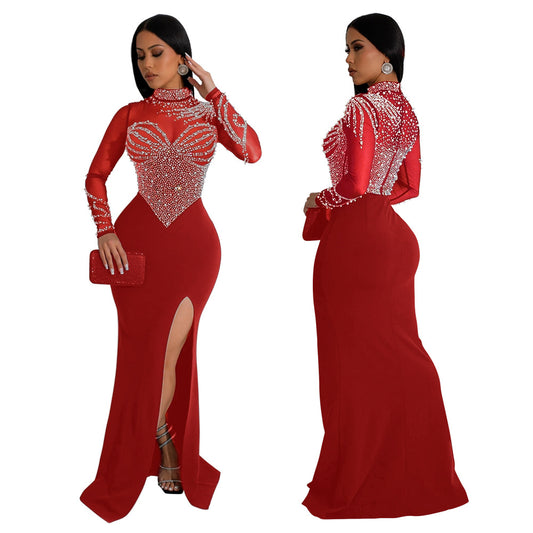 Women's Neck Long Sleeve High Slit Rhinestone Dress Dresses