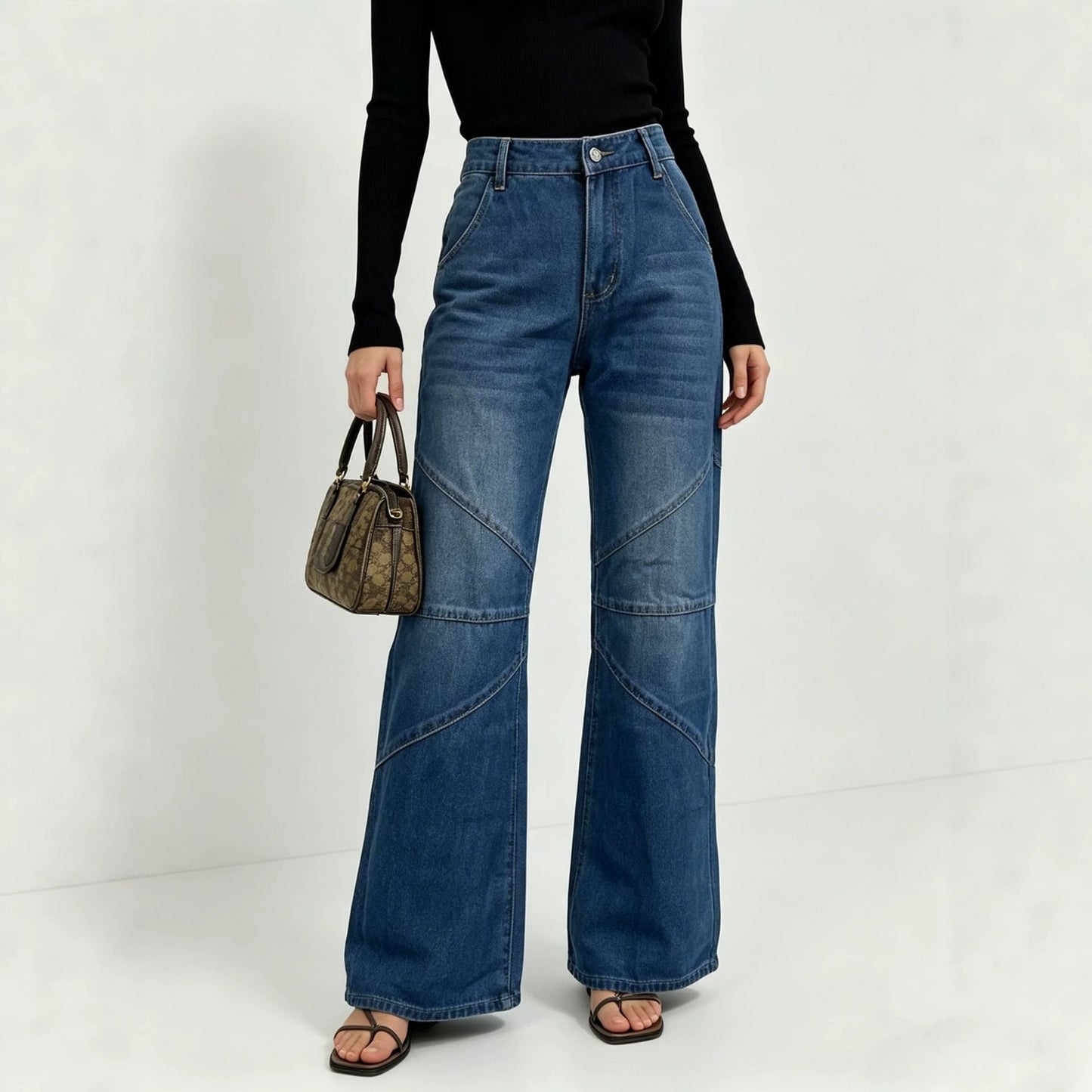 Women's Fashionable Pleated Washed High Street Straight Jeans