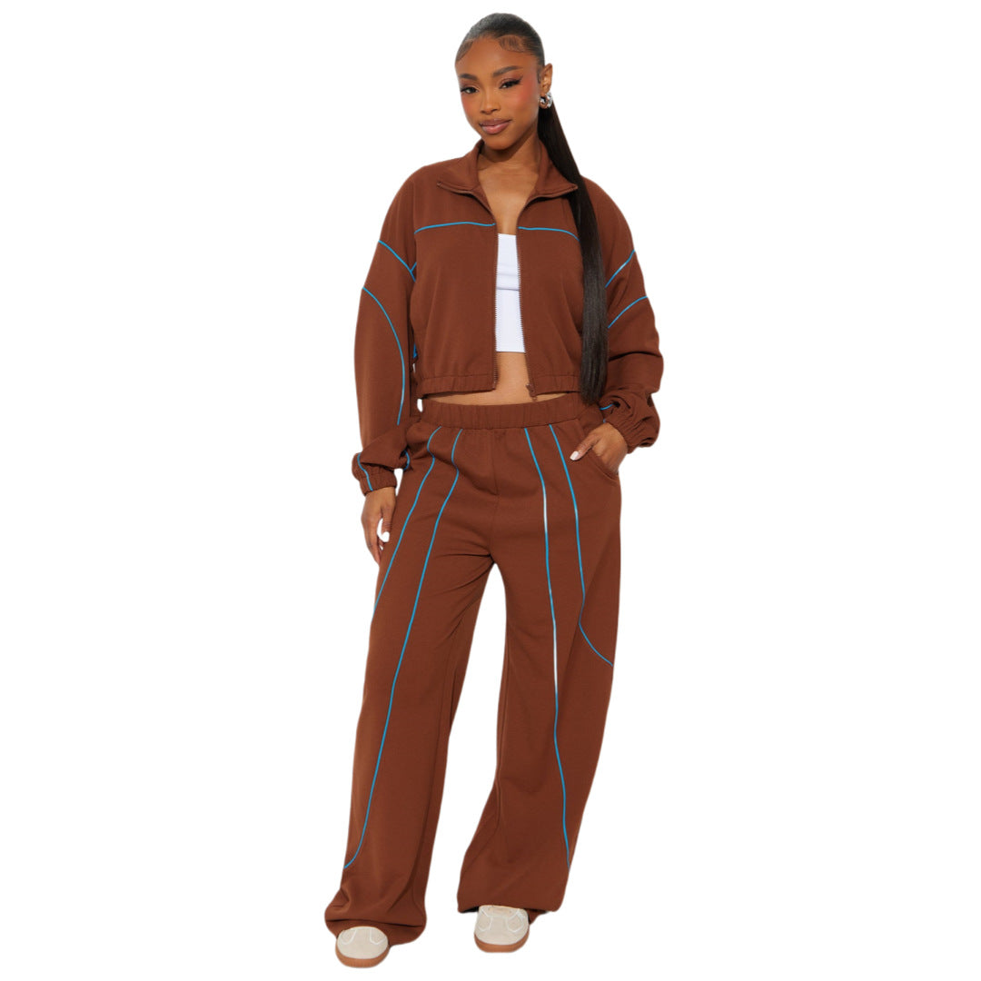 Women's Casual Wide Leg Line Color Stitching Suits