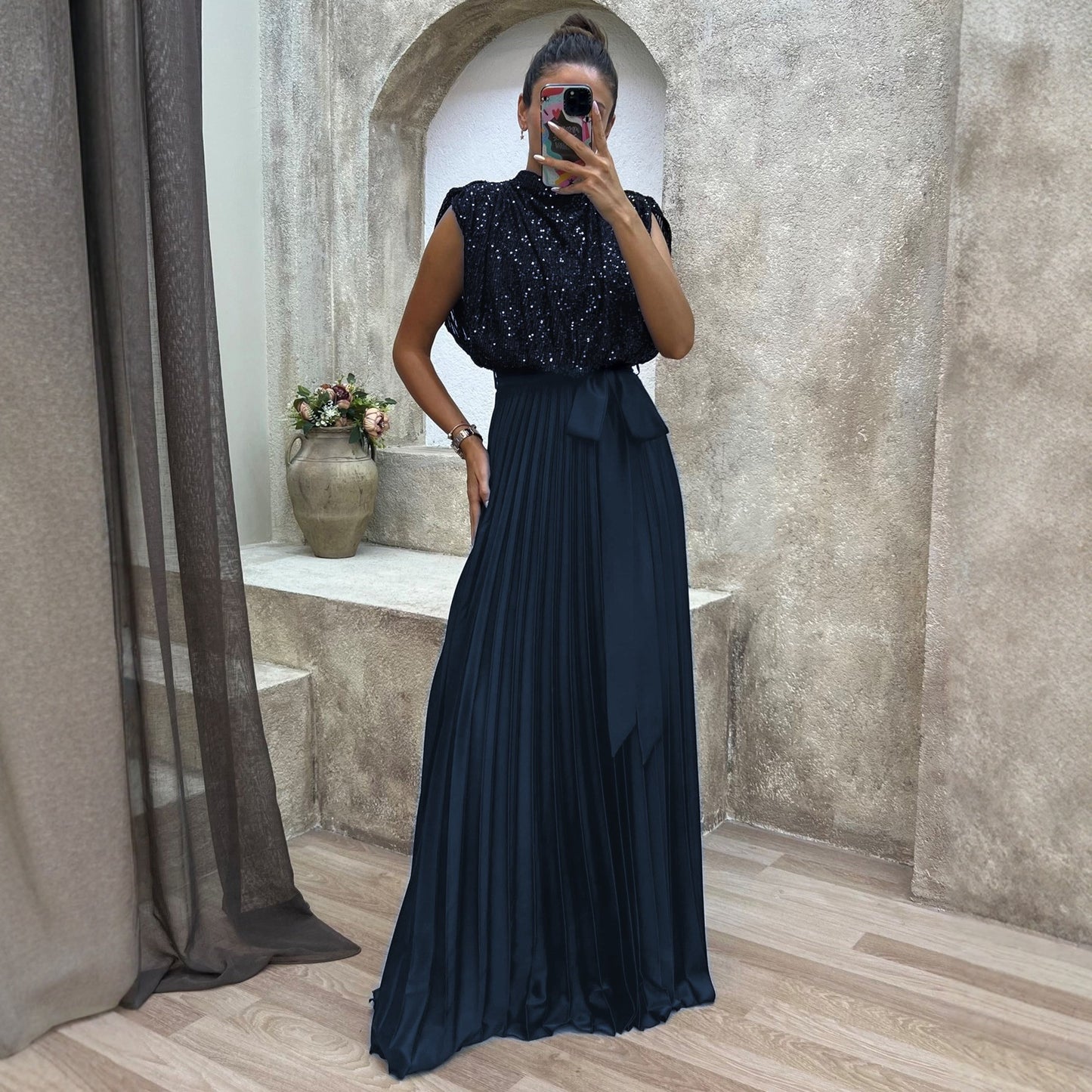 Women's Backless High Waist Pleated Dress Summer Dresses