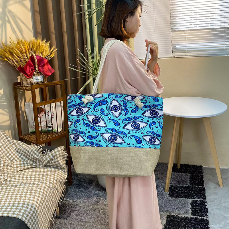 Women's Beach Thick Rope Shopping Evil Eye Stitching Bags