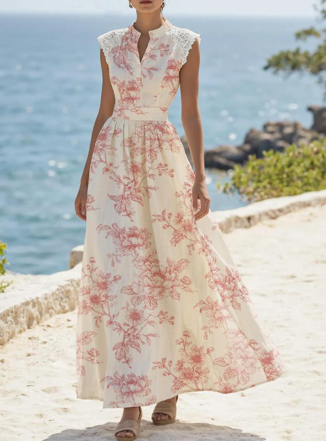 Women's Summer Printed Shoulder Lace Sleeveless Dress