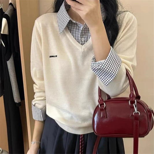 Women's Korean Style Commuter Two-piece Patchwork Shirt Knitwear