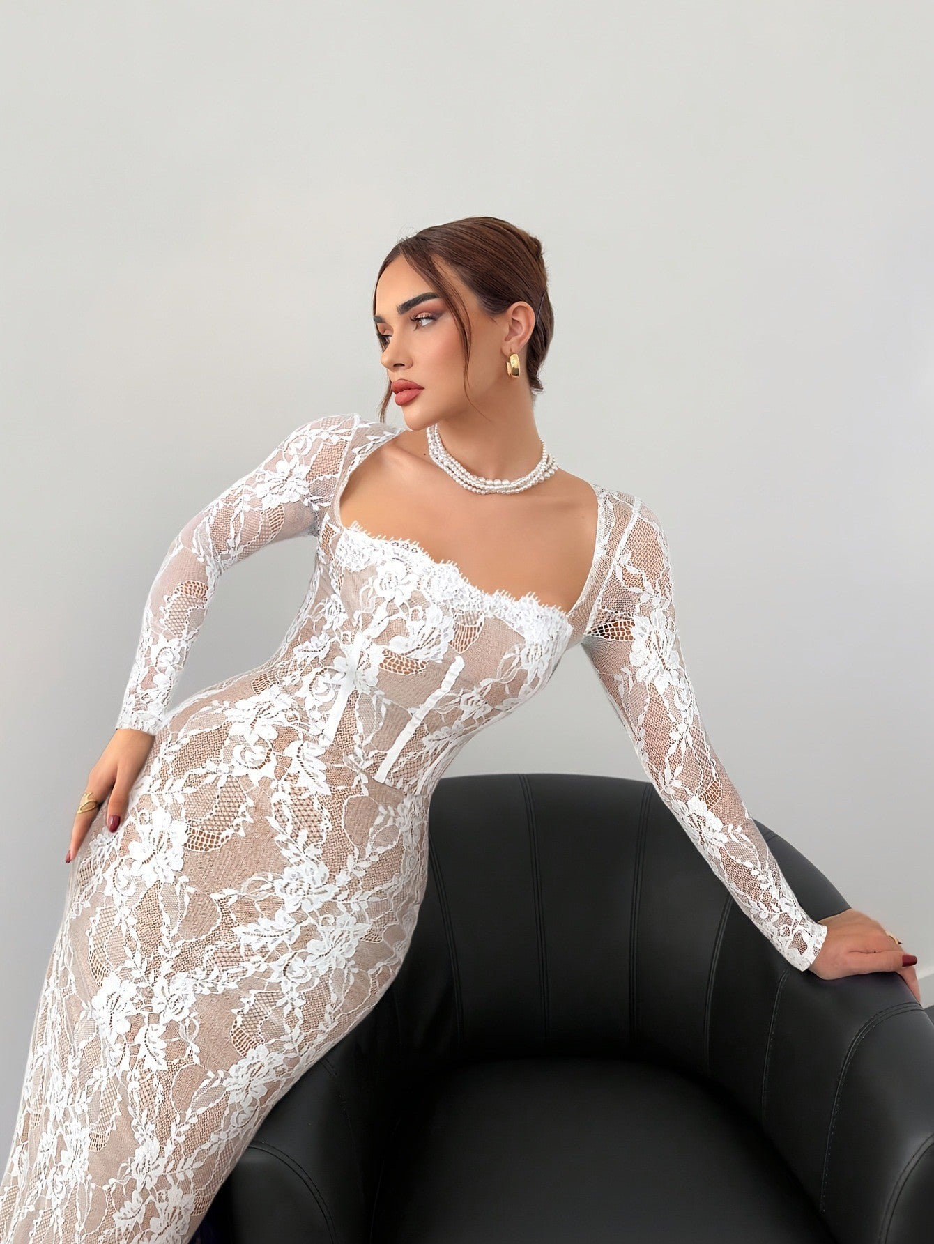 Women's Lace Stitching Back Zipper Slim Fit Slit Dresses