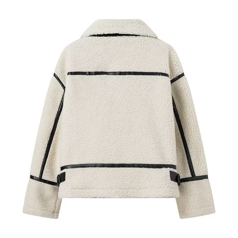 Women's Lapel Contrast Color Lamb Wool Zipper Jackets