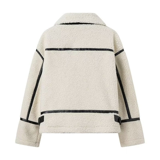 Women's Lapel Contrast Color Lamb Wool Zipper Jackets