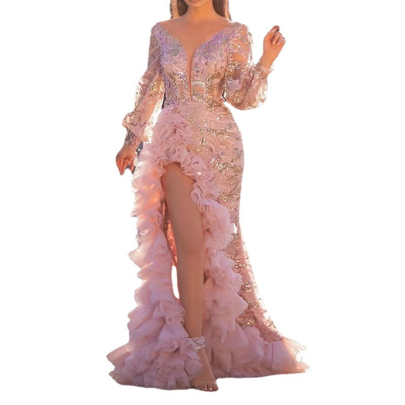 Sexy Hip Tail Sequin Pink Long Wedding Dresses