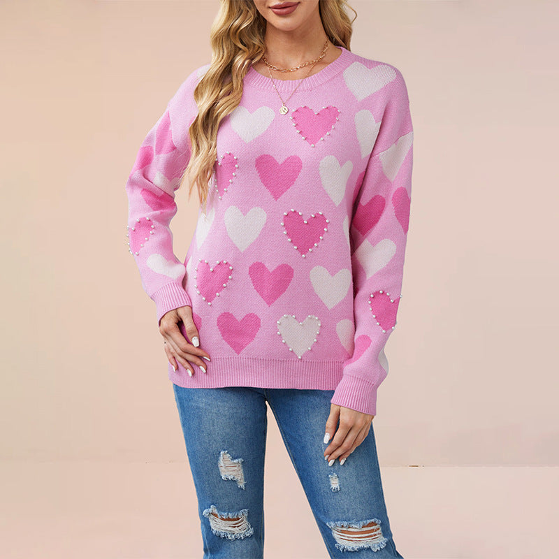 Day Round Neck Handmade Beaded Heart Sweaters