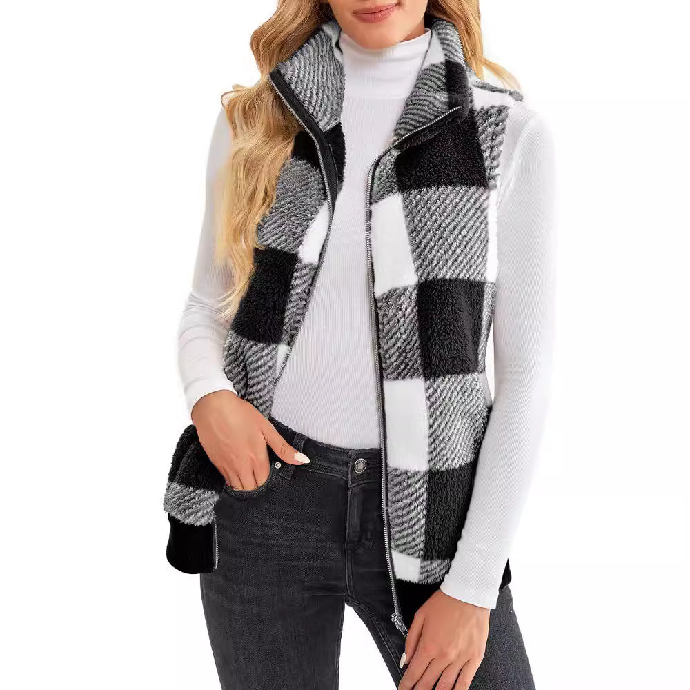 Women's Waistcoat Plaid Comfortable Veet Stand Collar Vests