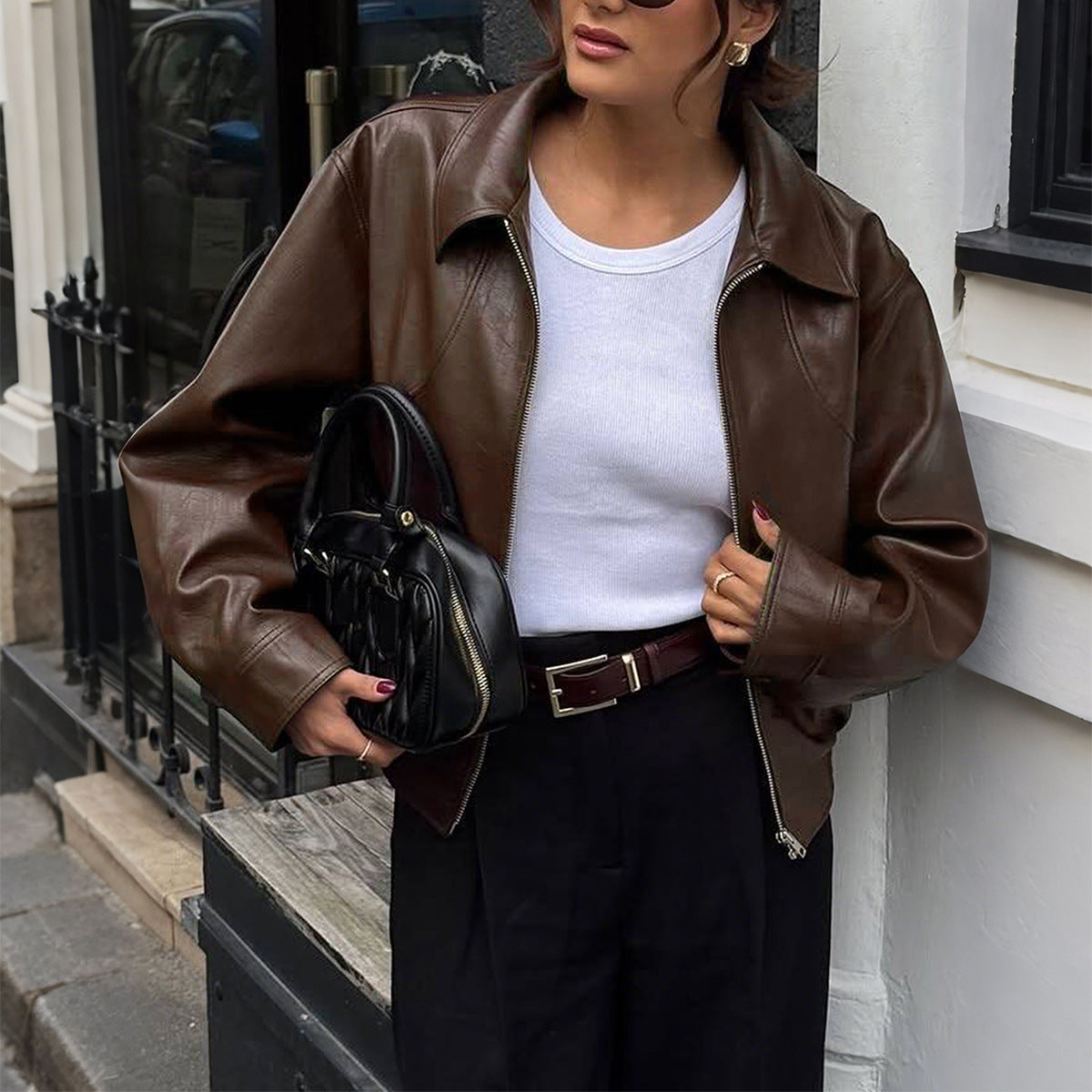 Women's Casual Vacation Style Long-sleeved Leather Coats