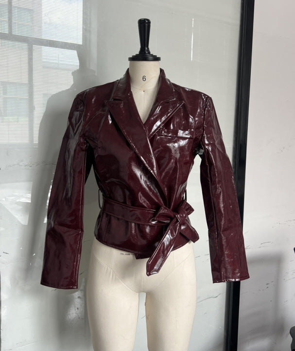 Temperament Lapel Tied Long Sleeve Leather Jackets