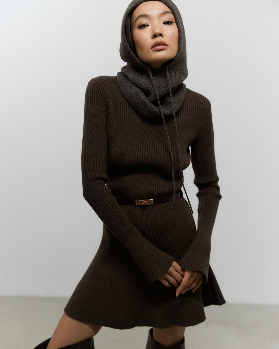 Women's Long Sleeve Waist Trimming Solid Color Dresses