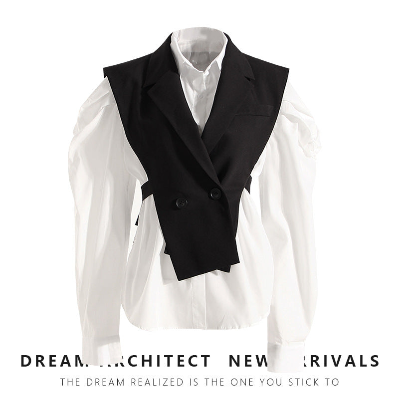 Slimming Puff Sleeve White Shirt Waist Trimming Lace Blouses