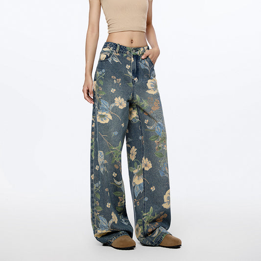 Women's & Men's & American High Street Floral Printed Jeans