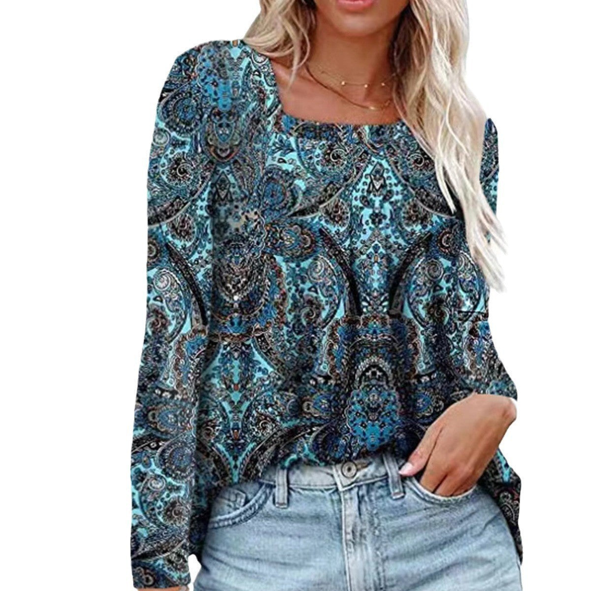 Women's Bohemian Style Ladies Pleated Square Collar Long Sleeve Swallowtail Women's T-shirt