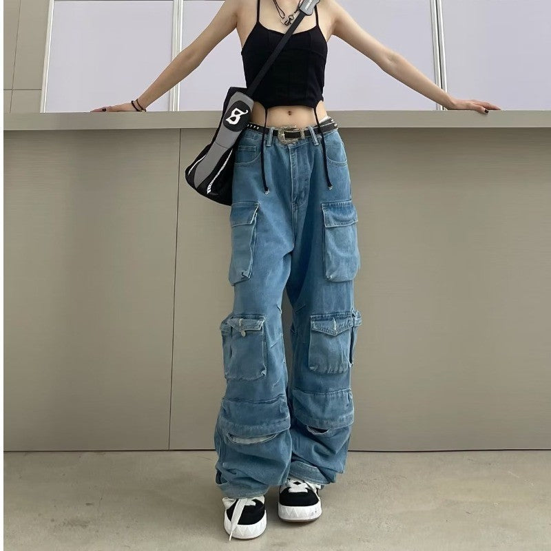 Women's Smoky Gray Stitching Cargo Street Washed Pants