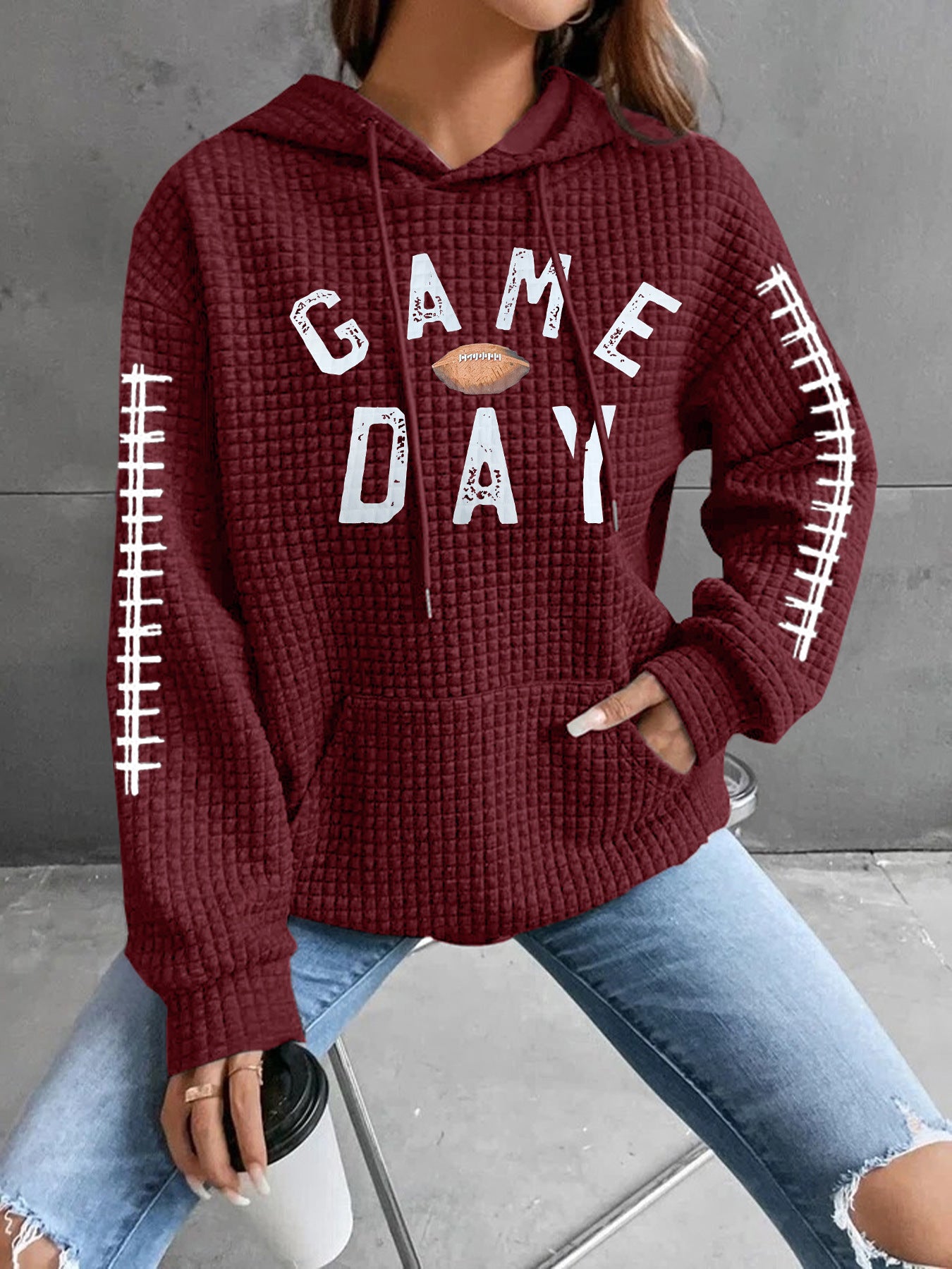 Women's Waffle Match Day Letter Print Round Women's Sweater, Sweater