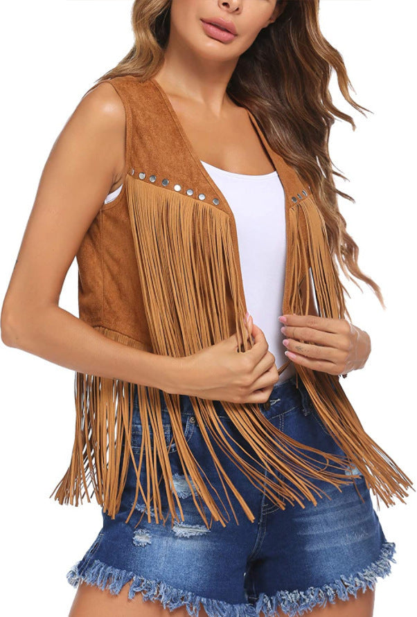 Attractive Women's Summer Tassel Suede Mid-length Women's Vest